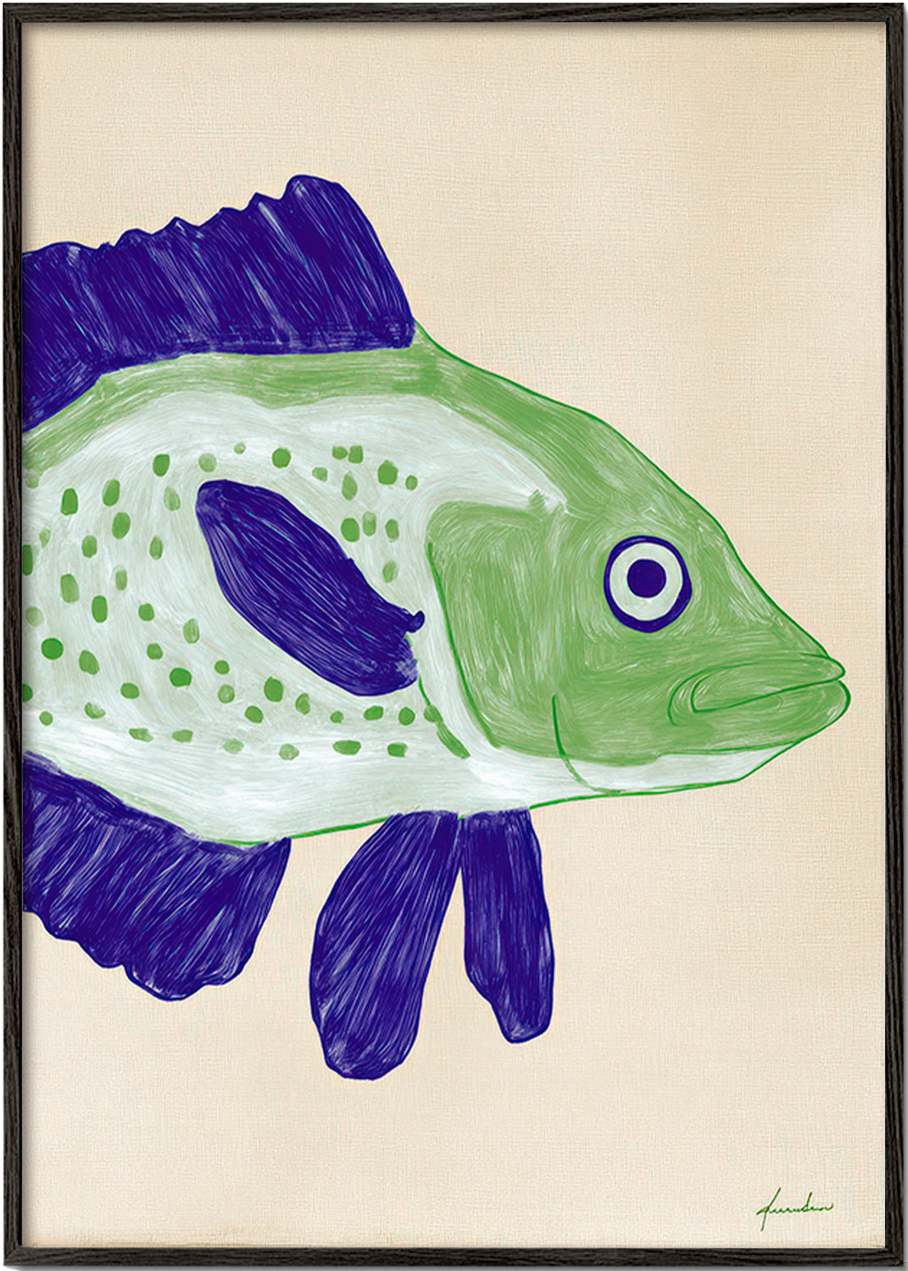 Quadro pesce verde con pennellate blu
