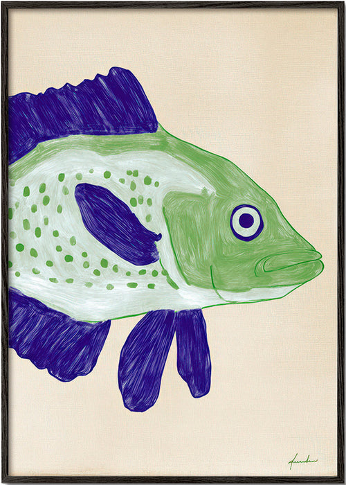 Quadro pesce verde con pennellate blu