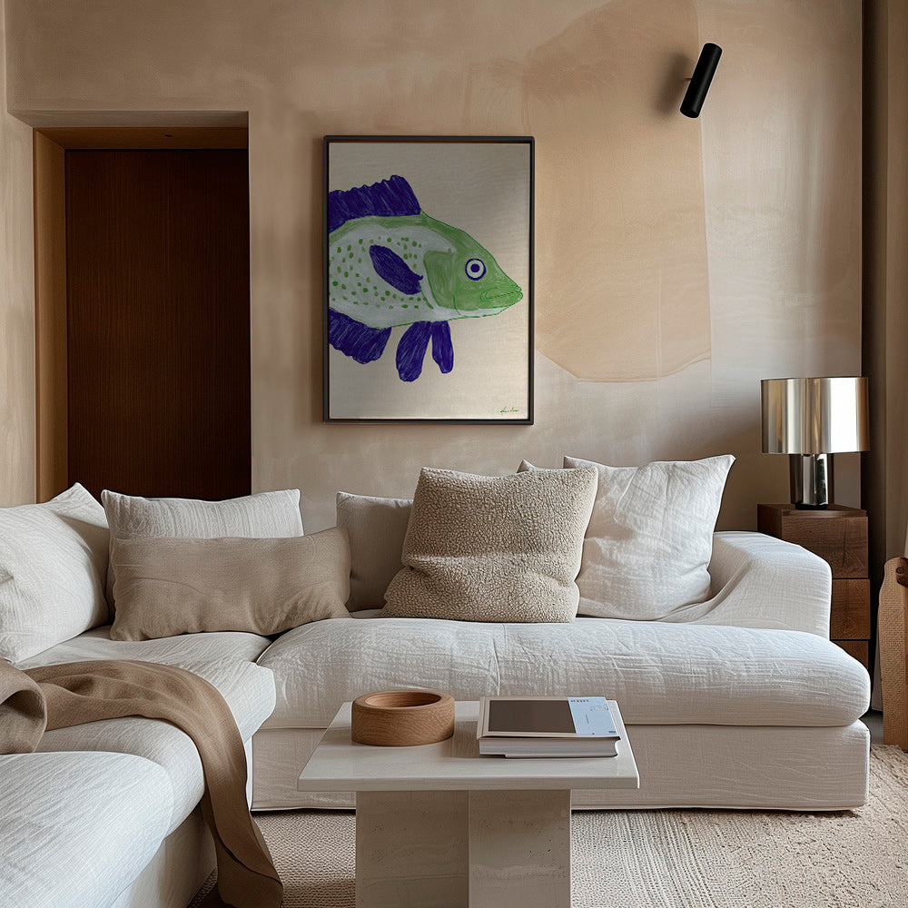Quadro pesce verde con pennellate blu