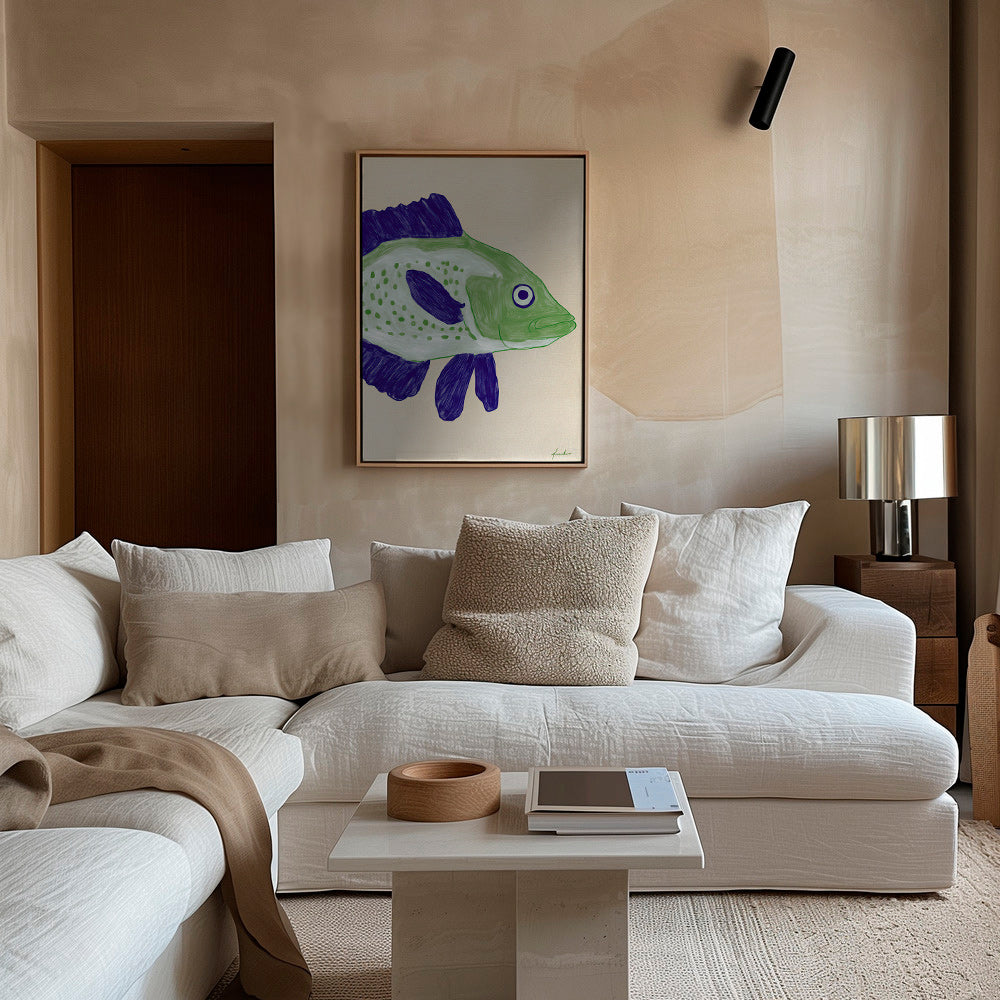 Quadro pesce verde con pennellate blu