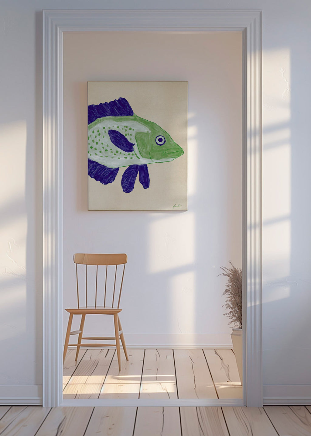 Quadro pesce verde con pennellate blu