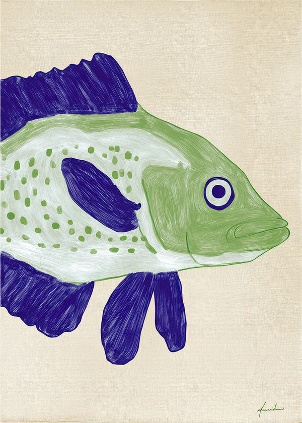 Quadro pesce verde con pennellate blu