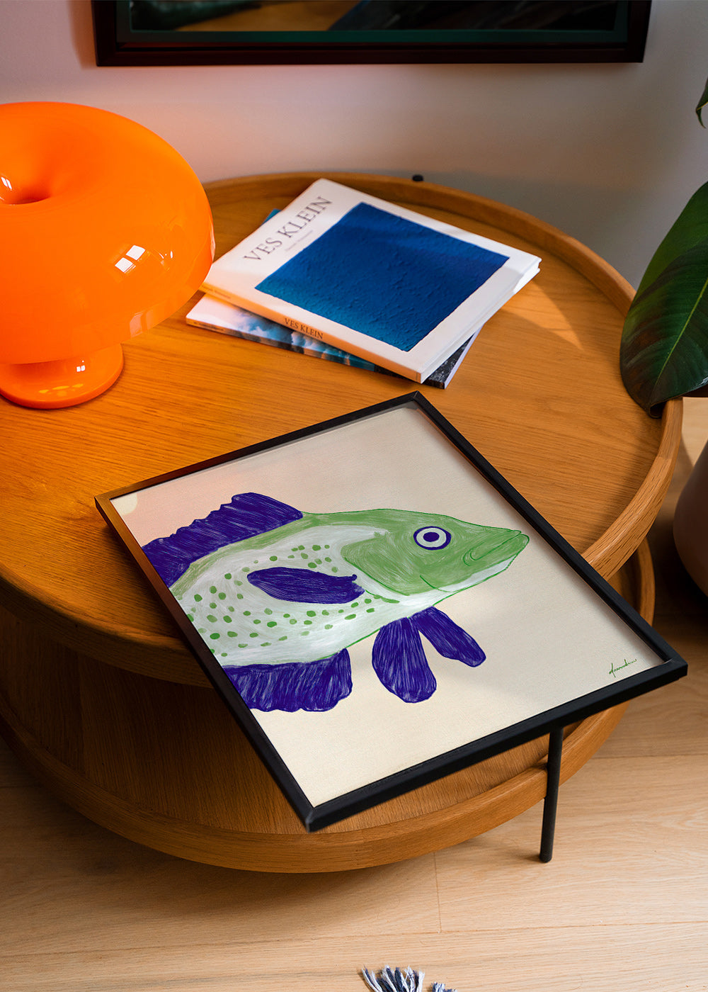 Quadro pesce verde con pennellate blu