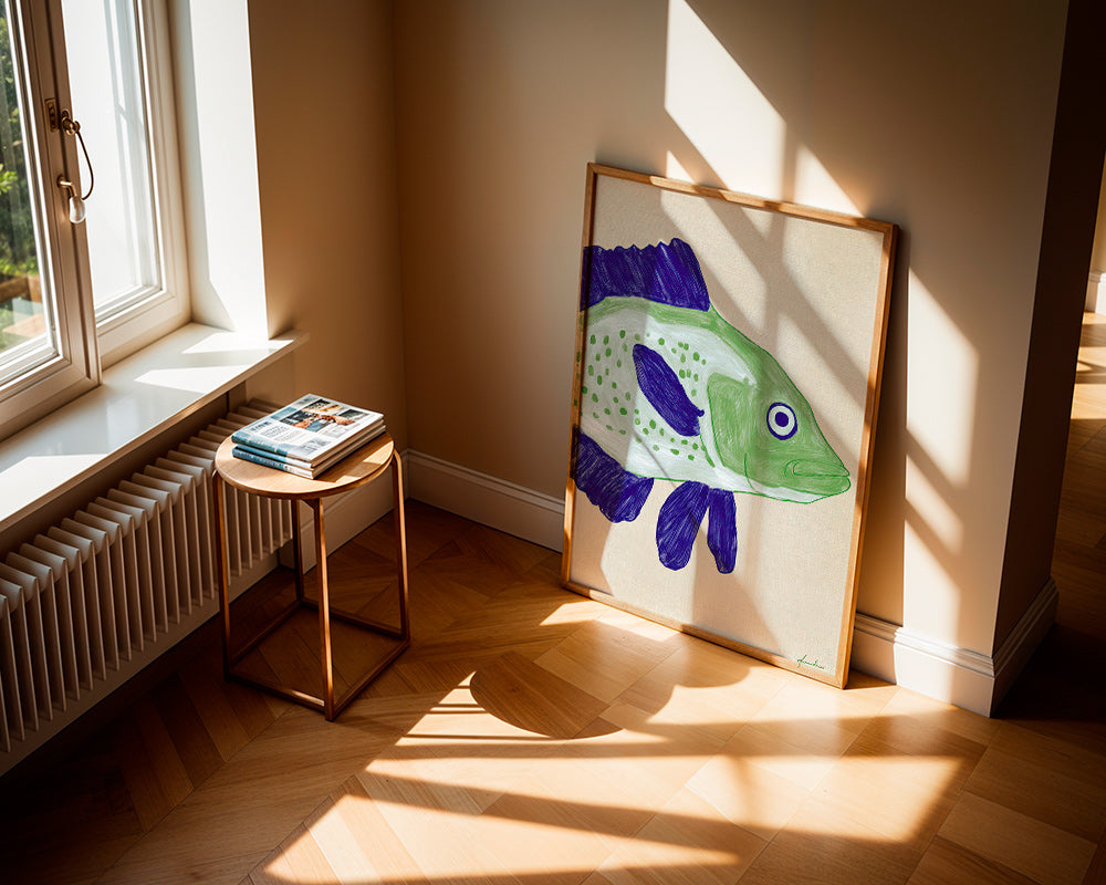 Quadro pesce verde con pennellate blu