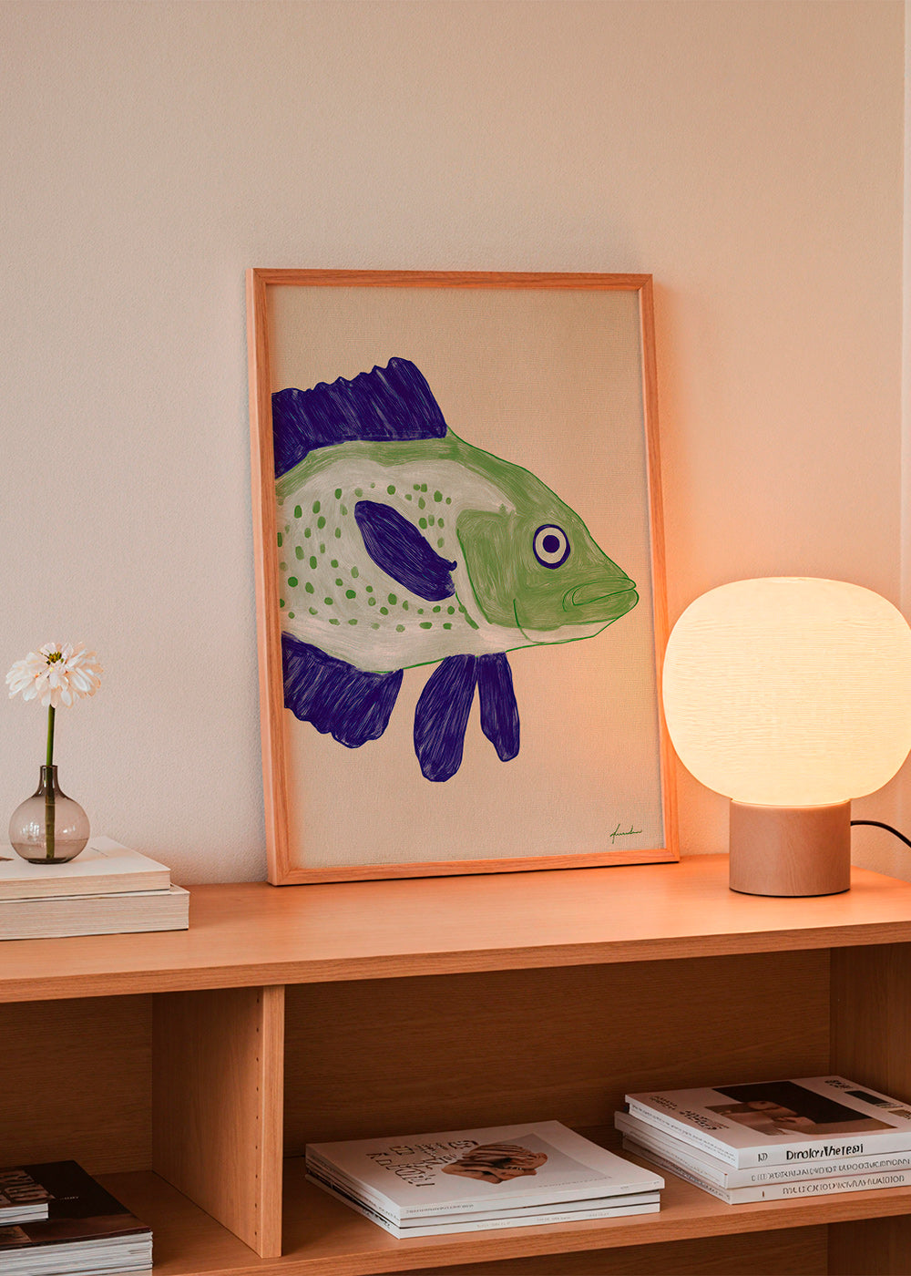 Quadro pesce verde con pennellate blu