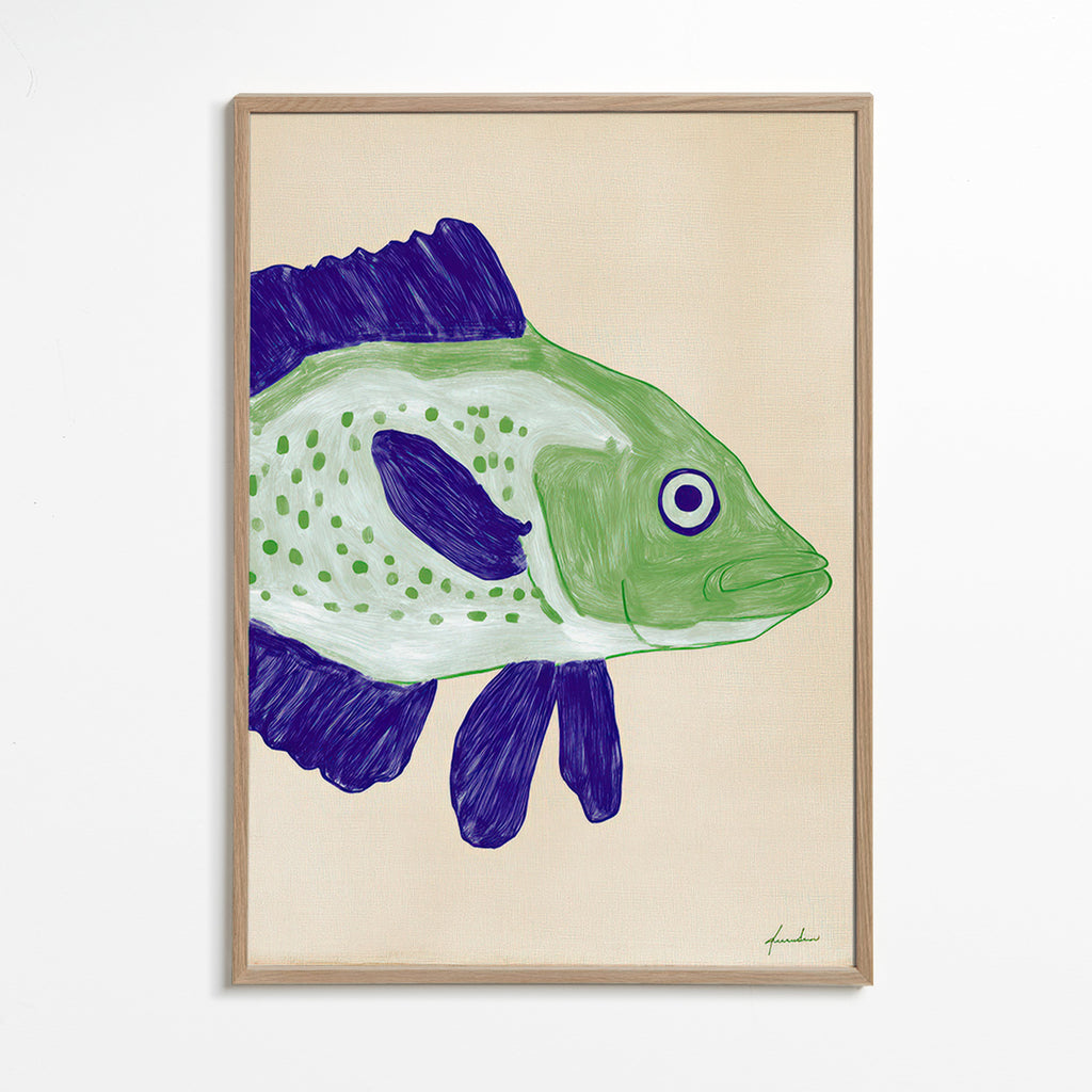 Quadro pesce verde con pennellate blu