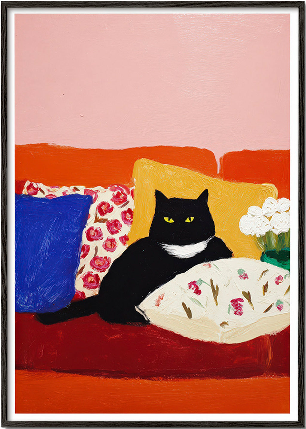 Opera gatto nero su divano colorato