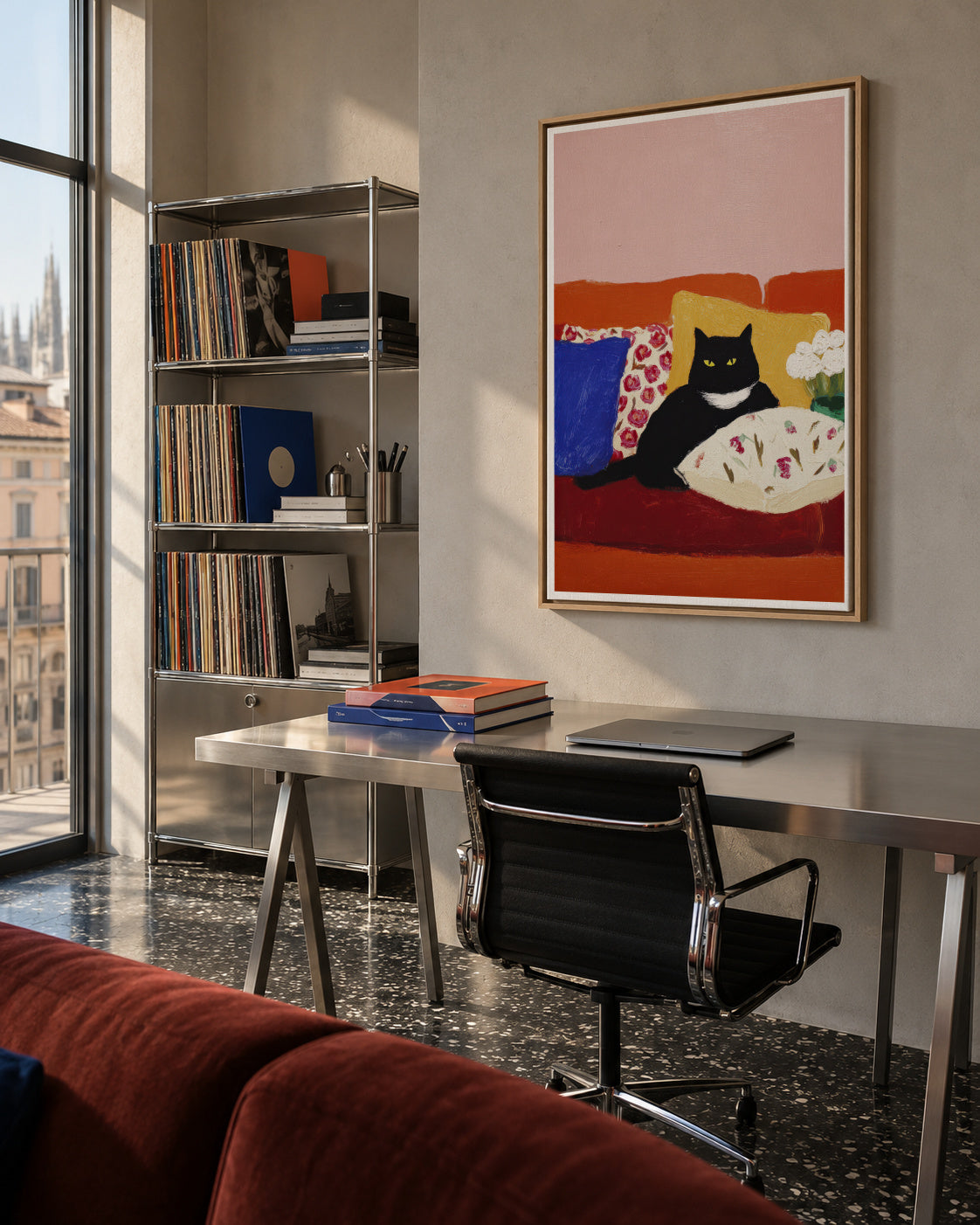 Black Cat Morning - Framed canvas in an interior