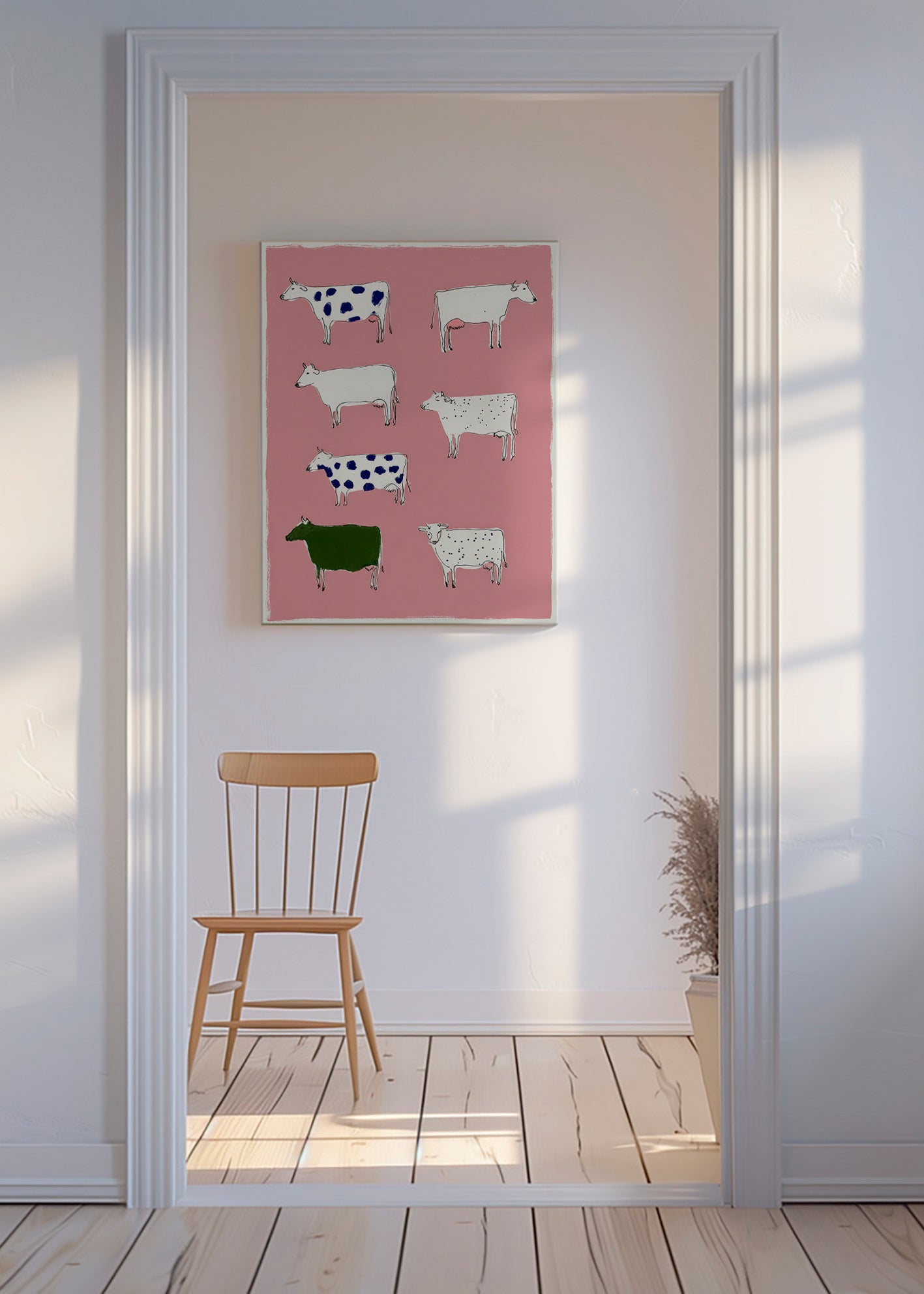 Opera con mucche illustrate su sfondo rosa