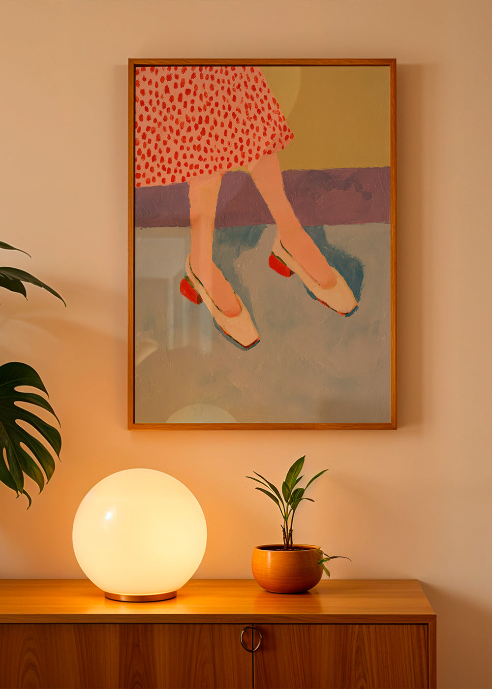 Illustrazione scarpe rosse e gonna stampata