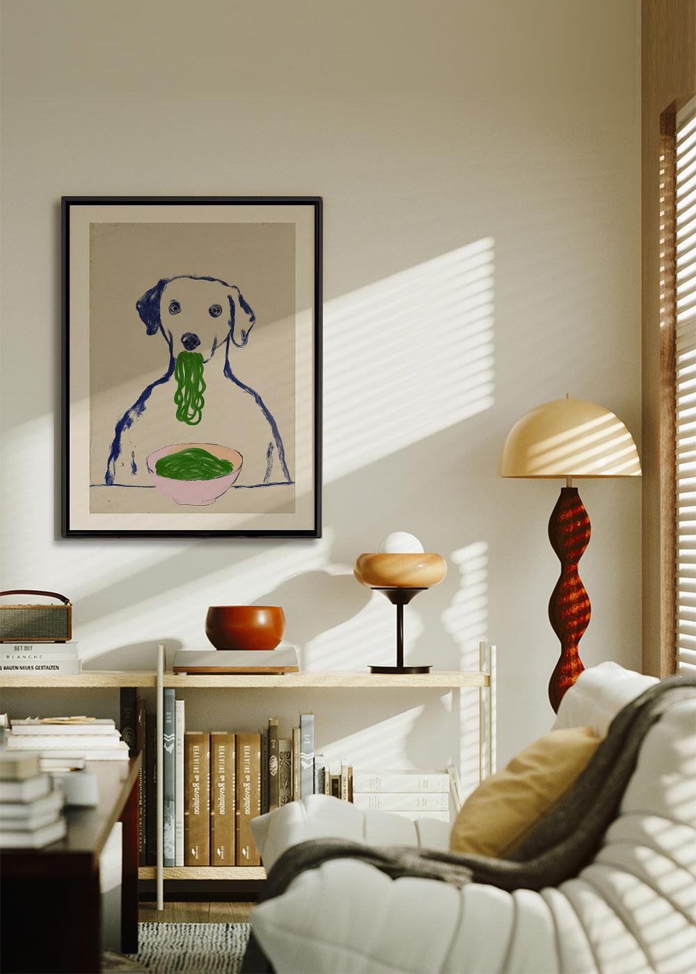 Arte da cucina: cane che mangia noodle