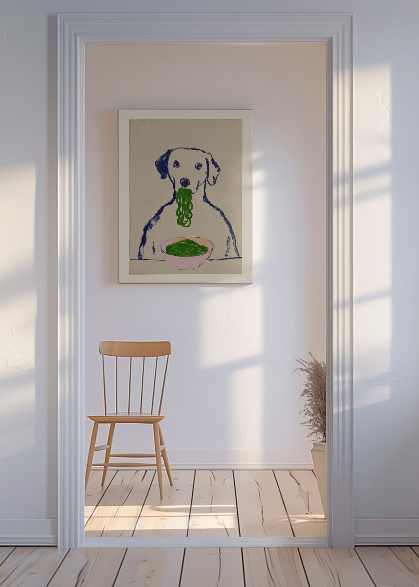 Arte da cucina: cane che mangia noodle