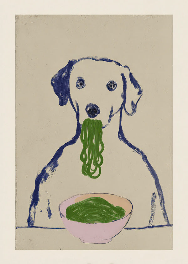 Arte da cucina: cane che mangia noodle
