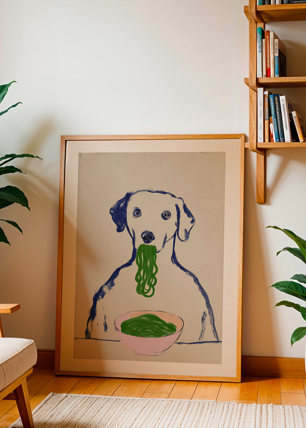 Arte da cucina: cane che mangia noodle