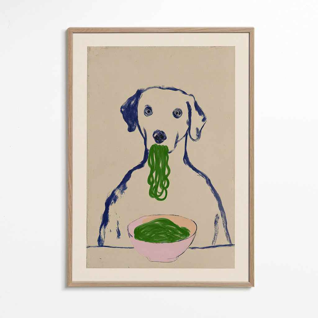 Arte da cucina: cane che mangia noodle