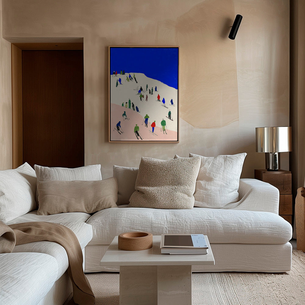 Arte paesaggistico con sciatori su pendio blu