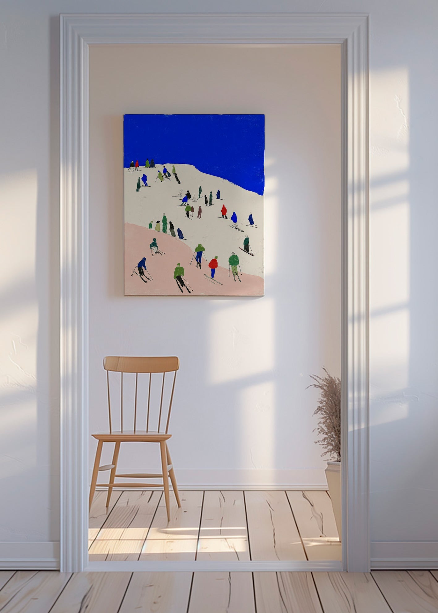 Arte paesaggistico con sciatori su pendio blu
