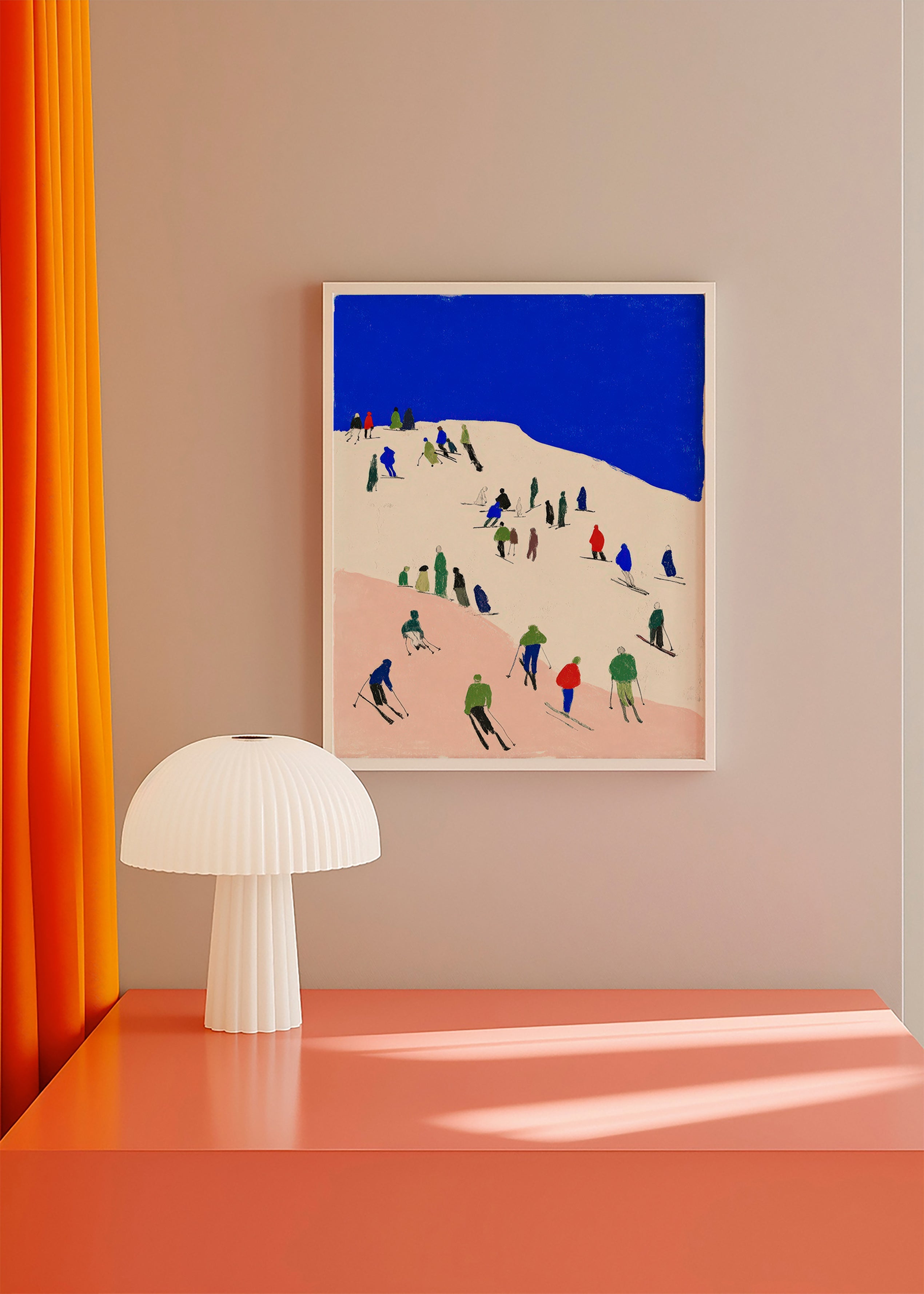 Arte paesaggistico con sciatori su pendio blu