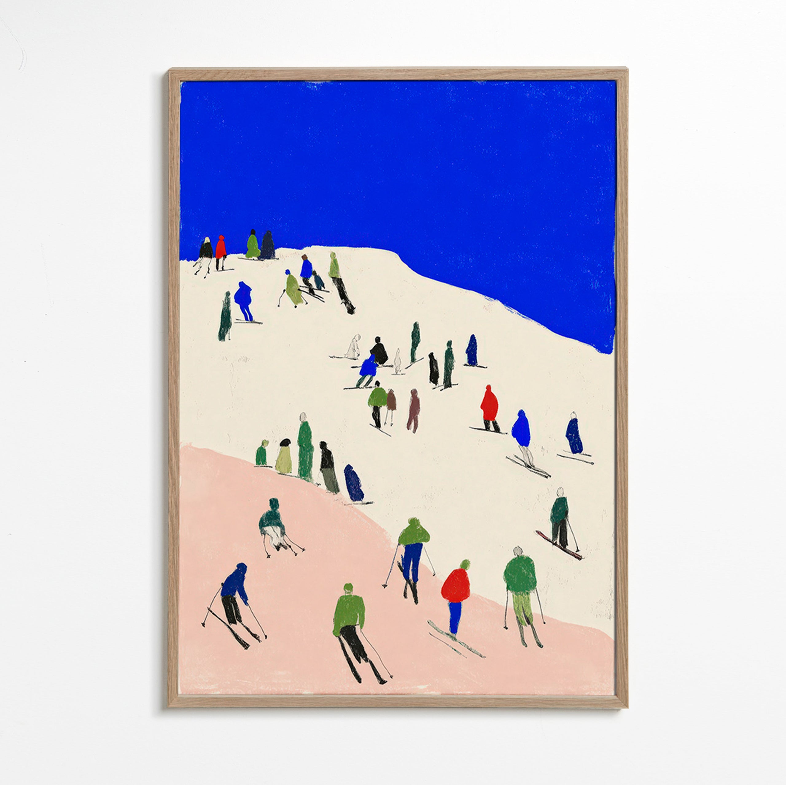 Arte paesaggistico con sciatori su pendio blu