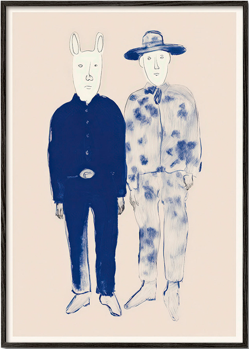 Illustrazione di due figure con coniglio in inchiostro blu