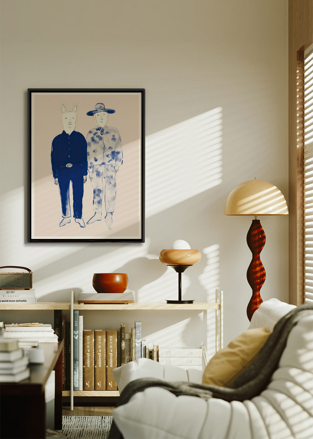 Illustrazione di due figure con coniglio in inchiostro blu
