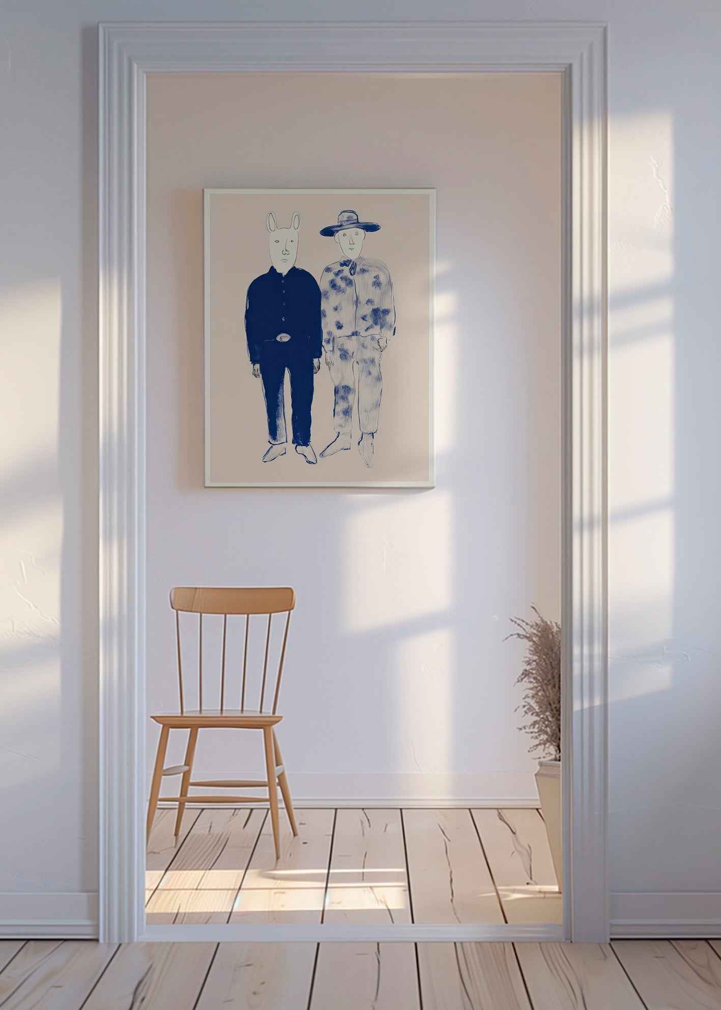 Illustrazione di due figure con coniglio in inchiostro blu