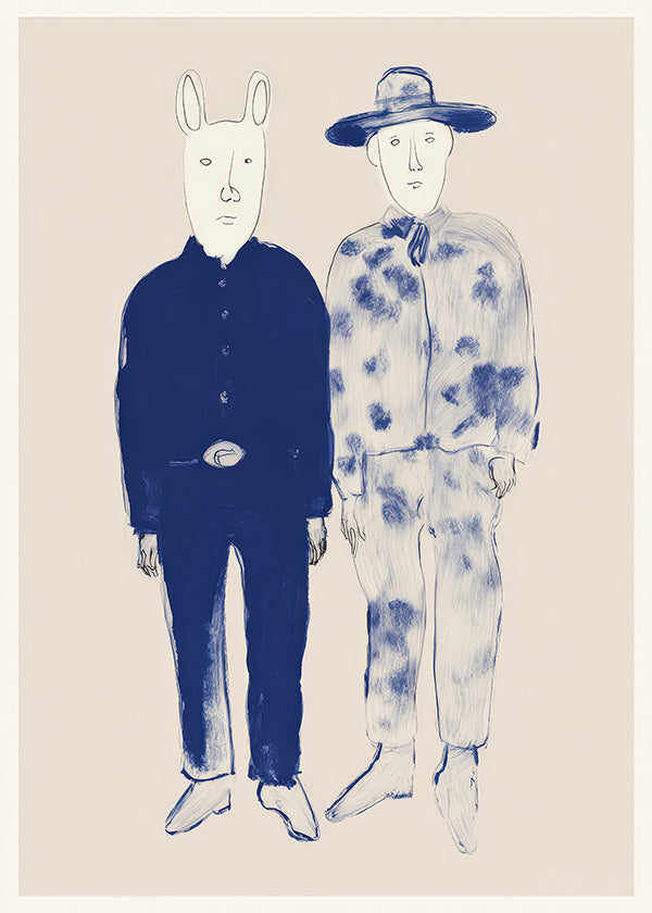 Illustrazione di due figure con coniglio in inchiostro blu