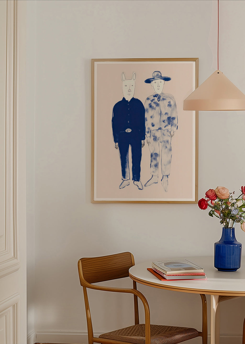 Illustrazione di due figure con coniglio in inchiostro blu