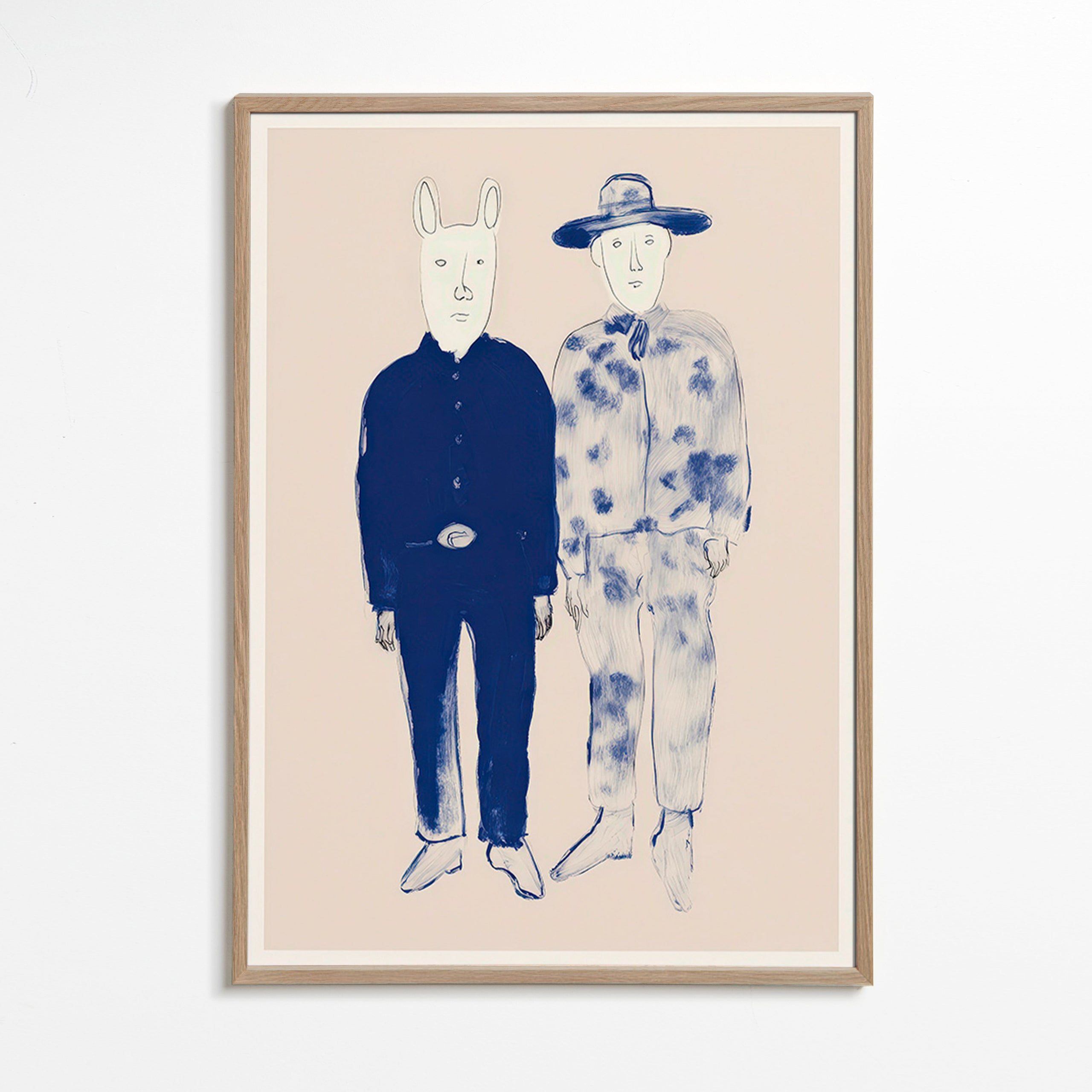 Illustrazione di due figure con coniglio in inchiostro blu