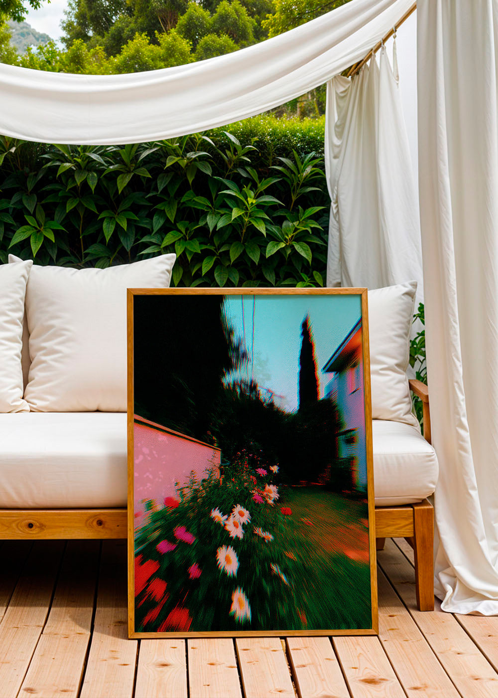 Stampa botanica con giardino sfocato e margherite