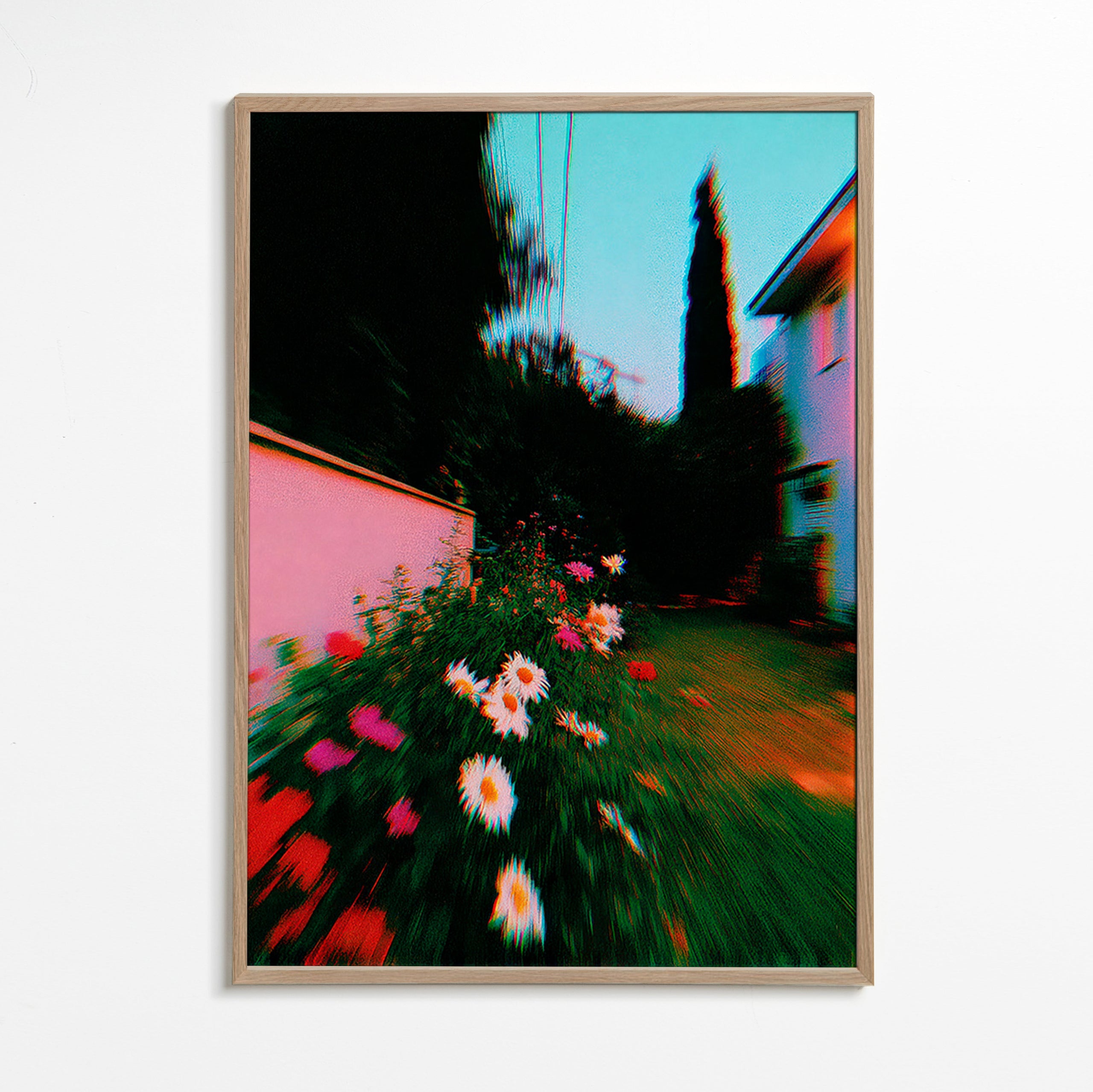 Stampa botanica con giardino sfocato e margherite