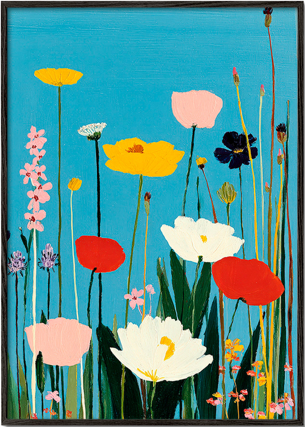 Stampa botanica fiori selvatici su blu