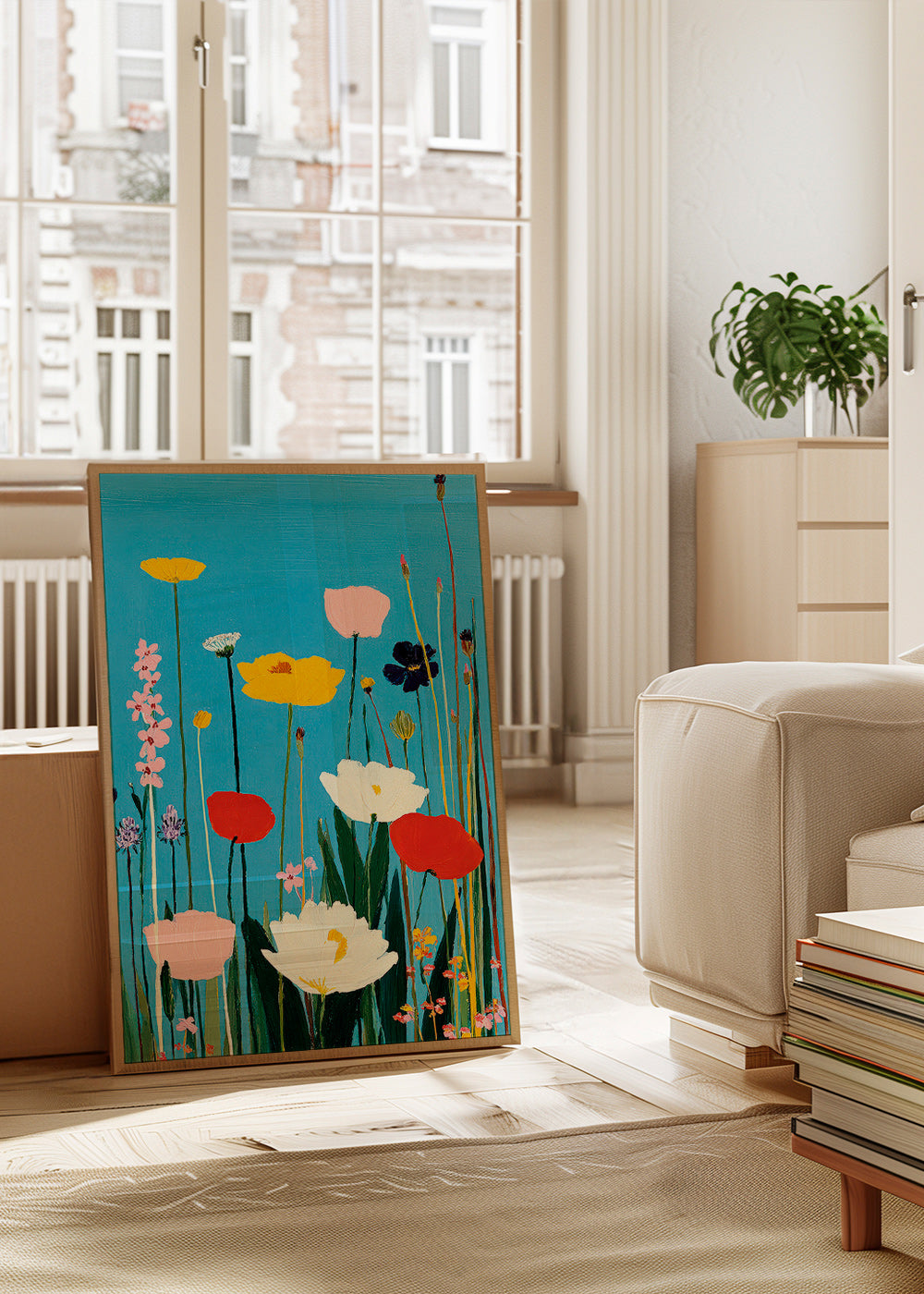 Stampa botanica fiori selvatici su blu