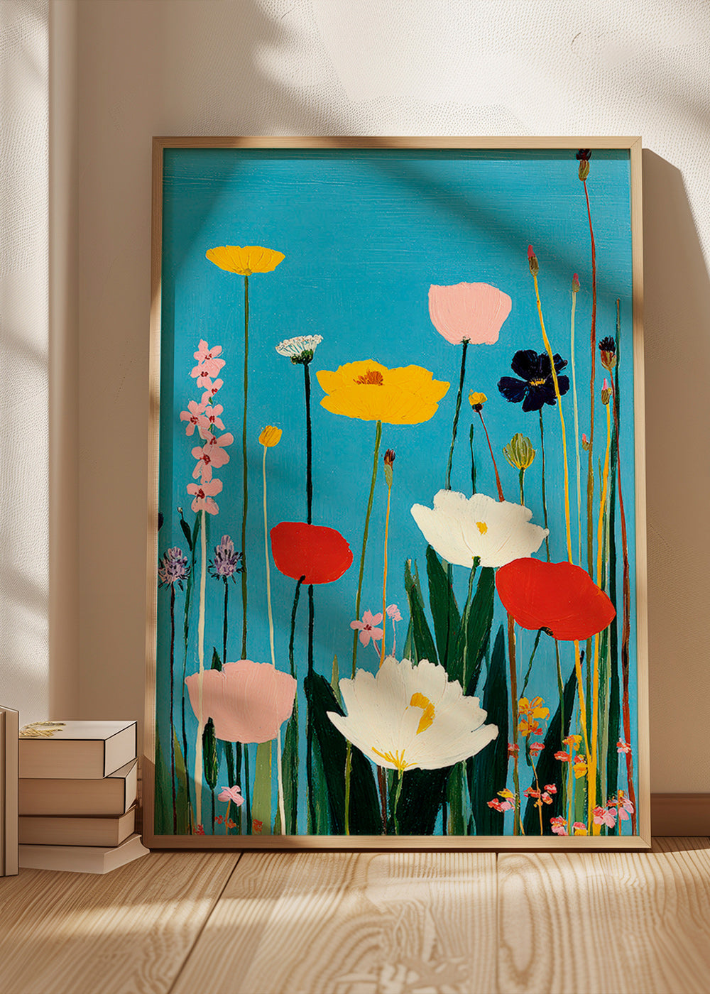 Stampa botanica fiori selvatici su blu