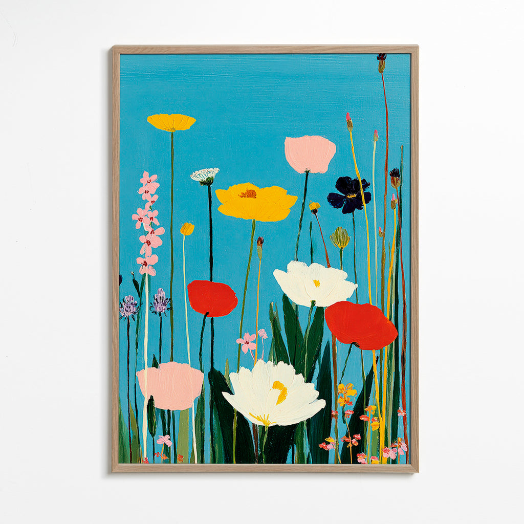 Stampa botanica fiori selvatici su blu
