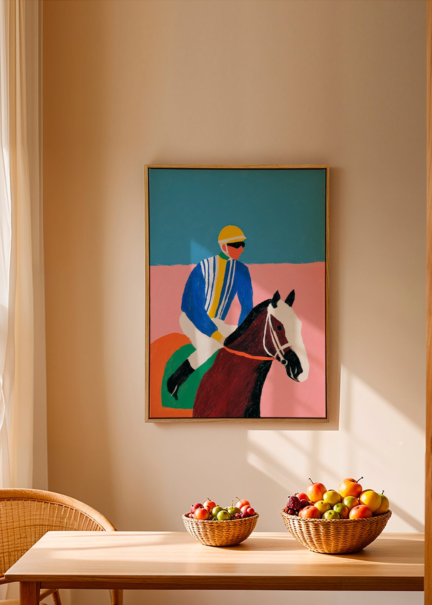 Arte sportiva: jockey e cavallo a colori piatti