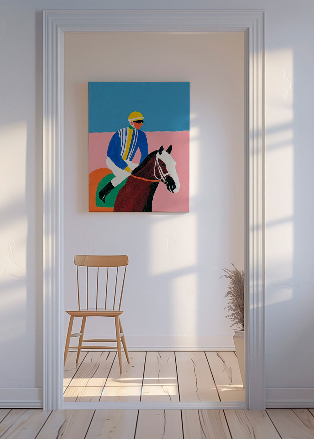 Arte sportiva: jockey e cavallo a colori piatti