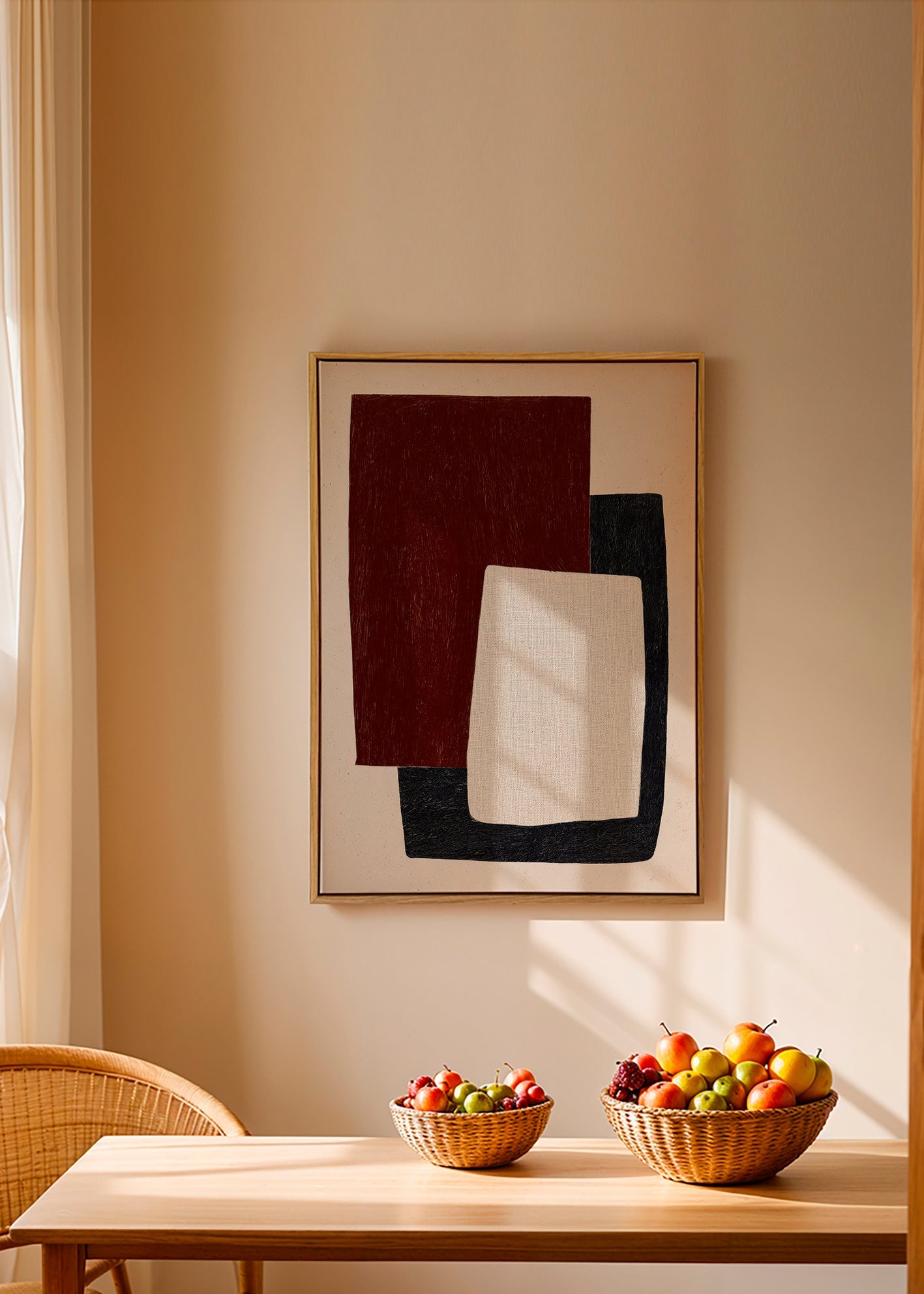 Quadro geometrico con forme bordeaux sovrapposte