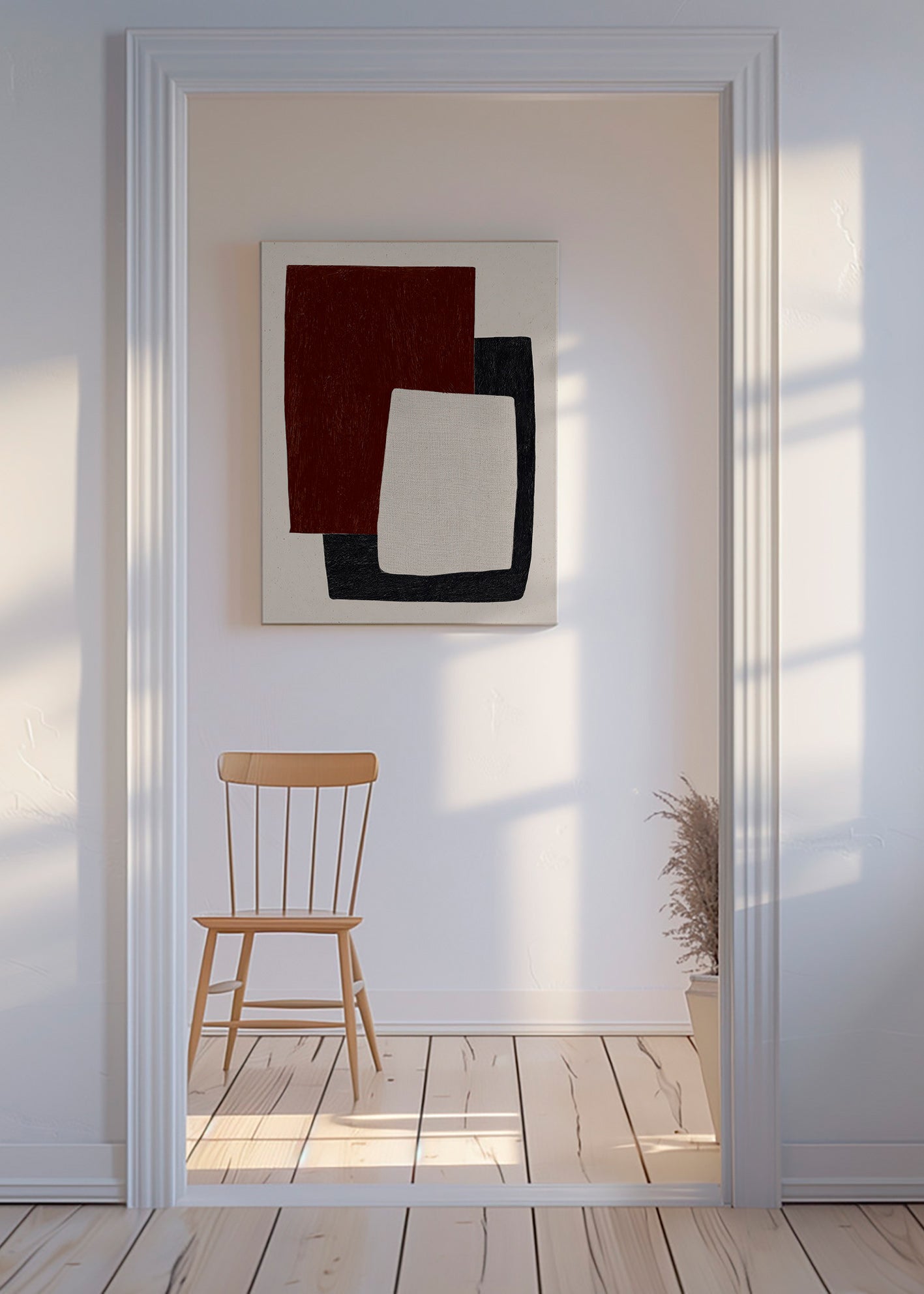 Quadro geometrico con forme bordeaux sovrapposte