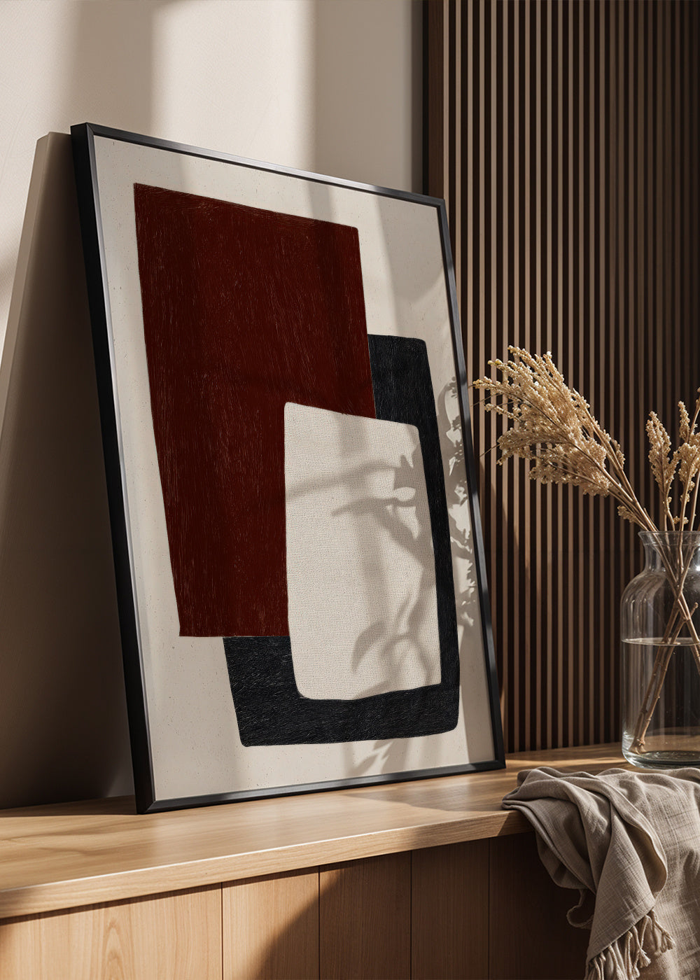 Burnt Shapes - Framed poster in an interior