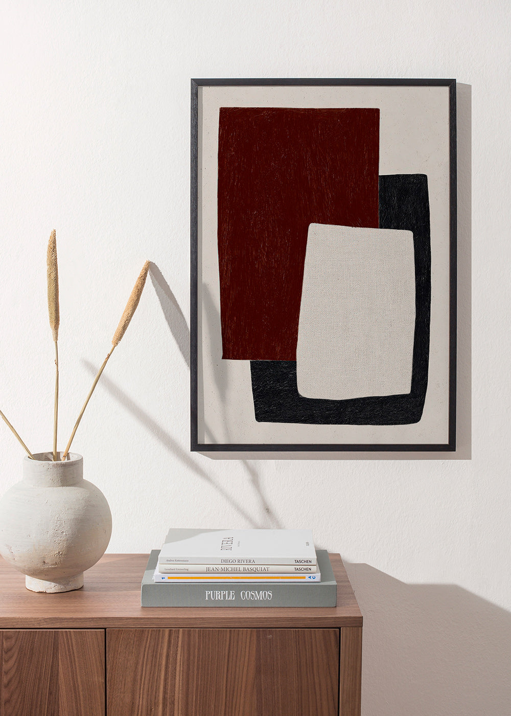 Quadro geometrico con forme bordeaux sovrapposte