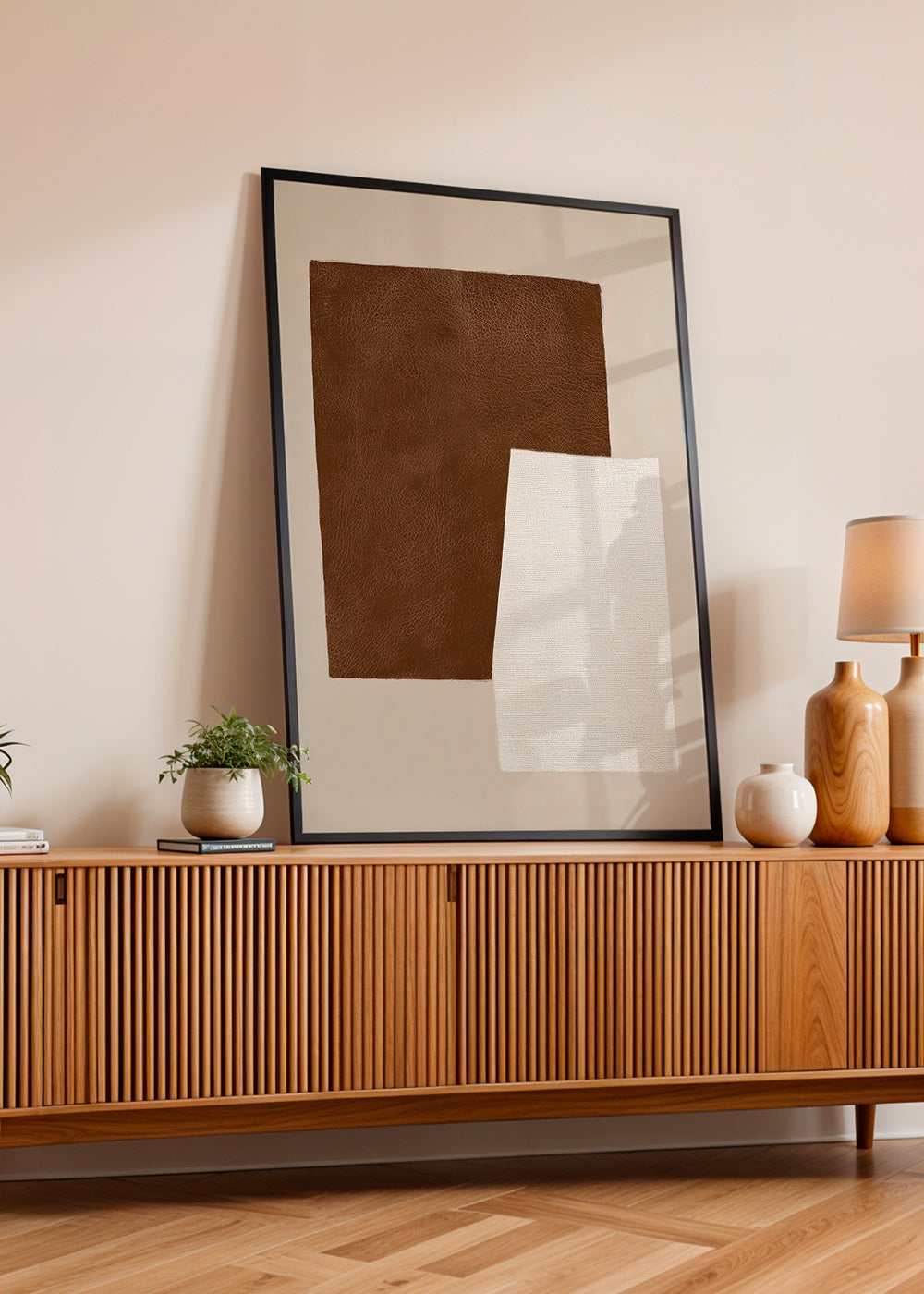 Quadro astratto con texture marrone e crema
