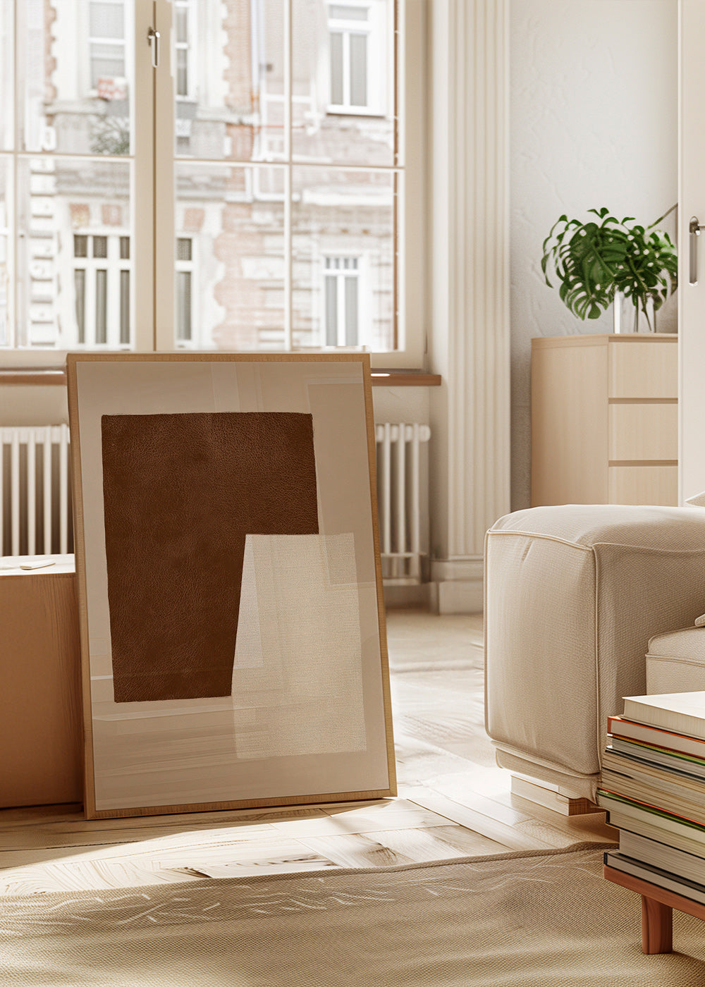 Quadro astratto con texture marrone e crema