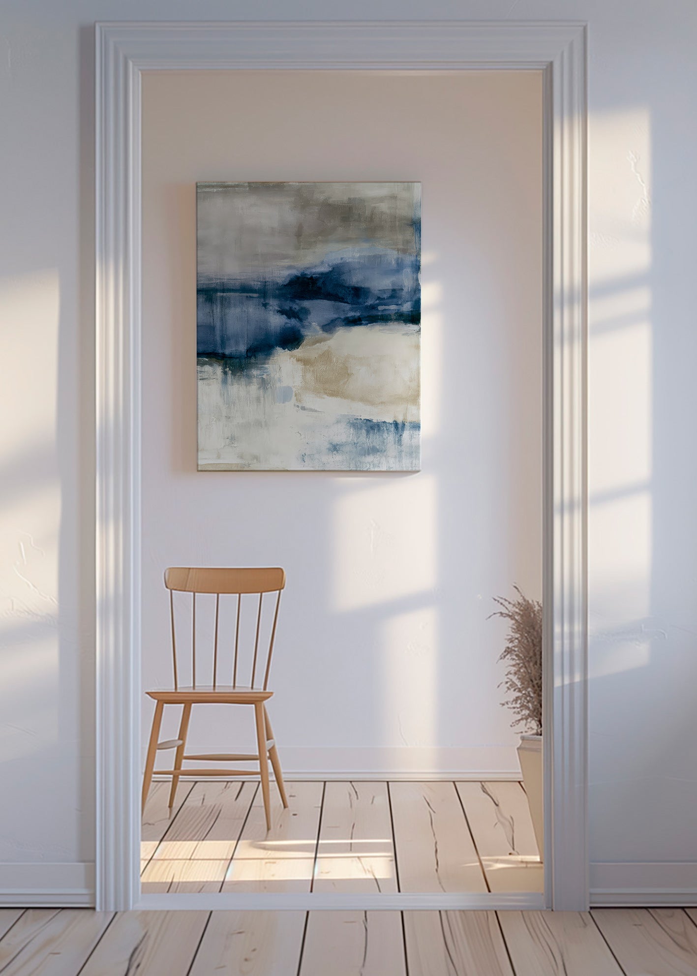 Quadro astratto con nebbia invernale e accenti blu