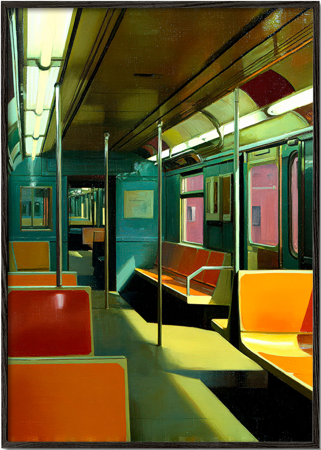Poster di viaggio: vagone della metropolitana vuoto e illuminato