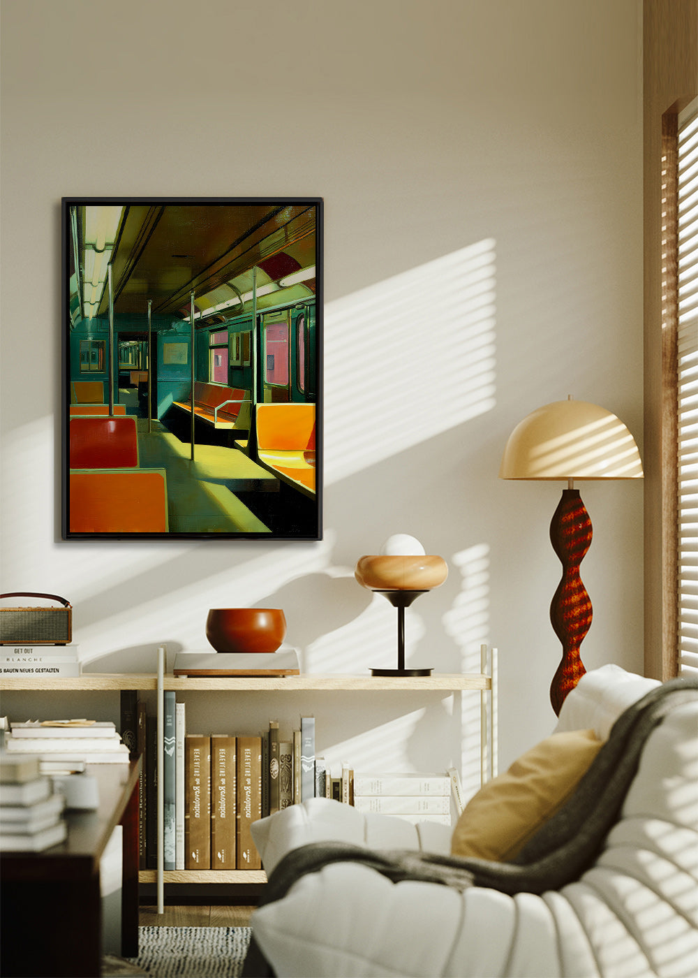Poster di viaggio: vagone della metropolitana vuoto e illuminato