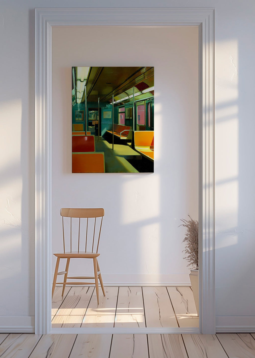 Poster di viaggio: vagone della metropolitana vuoto e illuminato