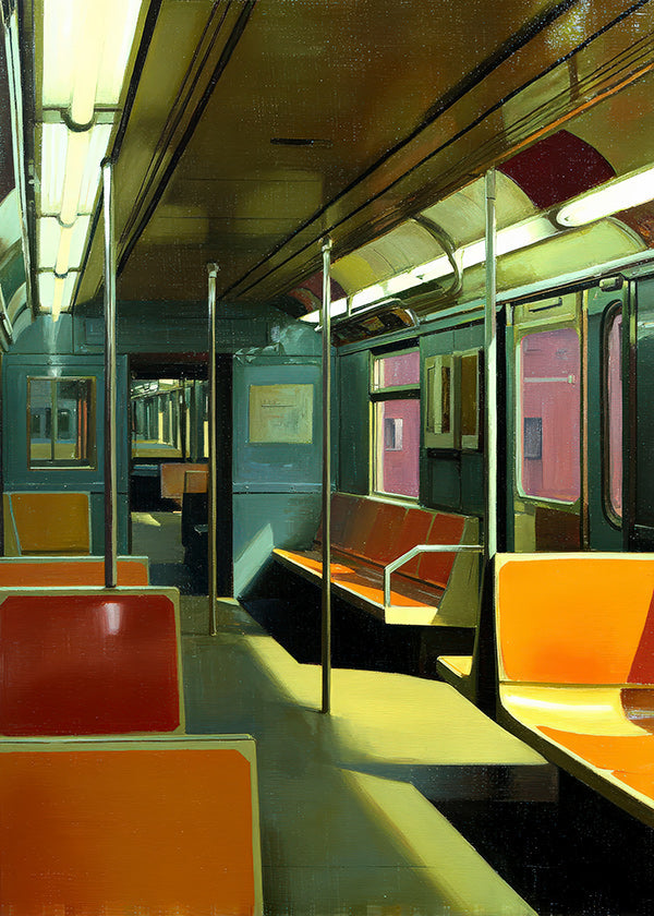 Poster di viaggio: vagone della metropolitana vuoto e illuminato
