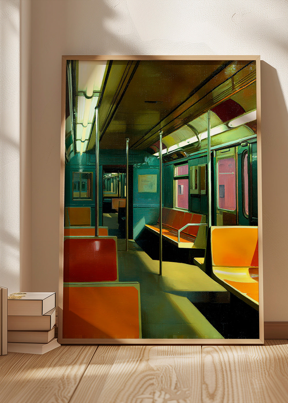 Poster di viaggio: vagone della metropolitana vuoto e illuminato