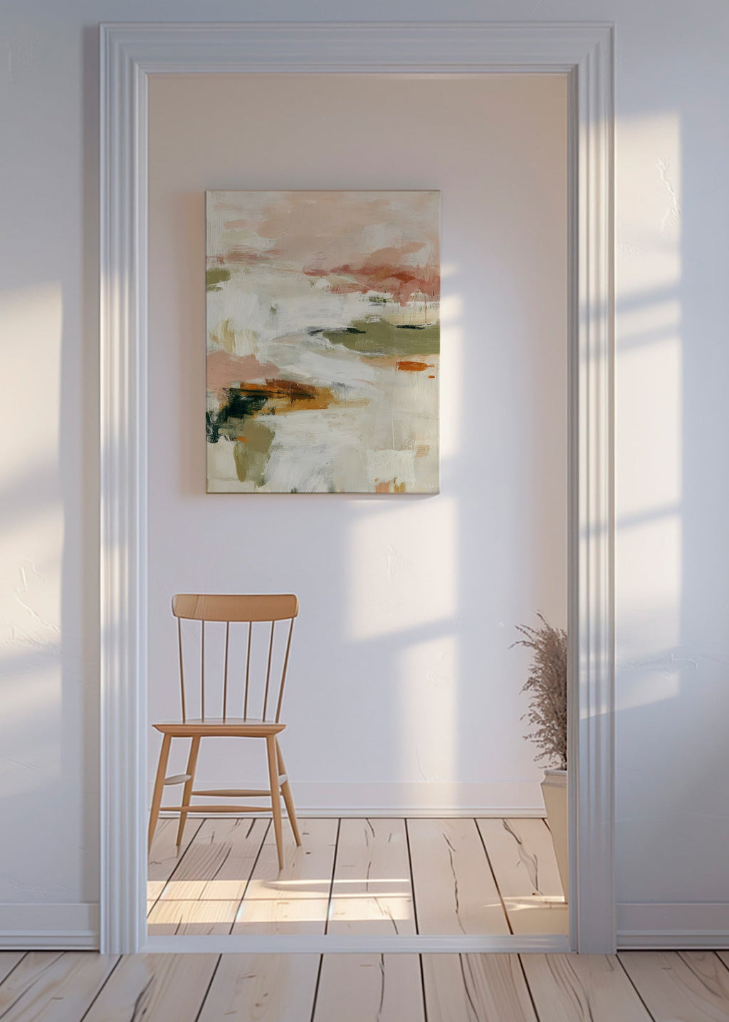 Quadro astratto con orizzonte morbido e pennellate organiche